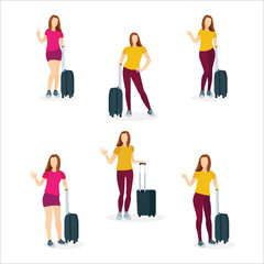 Fototapeta premium Girl with travel bag. Pretty female with luggage. Woman with suitcase. Part of set.