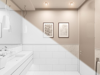3D render, interior of the toilet in a private cottage. Toilet interior design illustration in traditional modern style