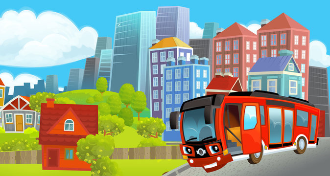 cartoon happy and funny scene of the middle of a city with bus driving by - illustration