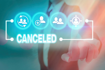 Conceptual hand writing showing Canceled. Concept meaning to decide not to conduct or perform...