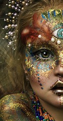 close up portrait of beautiful ethnic colorful girl with big crown of beads. professional creative  makeup. face painting