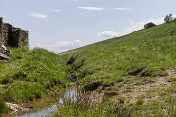 a stream crosses the mountain pastures on the Italian Alps