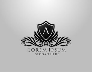 A Letter Logo. Classic Inital A Royal Shield design for Royalty, Letter Stamp, Boutique, Lable, Hotel, Heraldic, Jewelry, Photography.