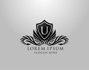 U Letter Logo. Classic Inital U Royal Shield design for Royalty, Letter Stamp, Boutique, Lable, Hotel, Heraldic, Jewelry, Photography.