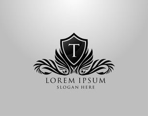 T Letter Logo. Classic Inital T Royal Shield design for Royalty, Letter Stamp, Boutique, Lable, Hotel, Heraldic, Jewelry, Photography.