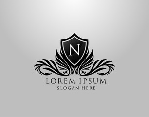 N Letter Logo. Classic Inital N Royal Shield design for Royalty, Letter Stamp, Boutique, Lable, Hotel, Heraldic, Jewelry, Photography.