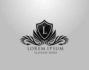 L Letter Logo. Classic Inital L Royal Shield design for Royalty, Letter Stamp, Boutique, Lable, Hotel, Heraldic, Jewelry, Photography.