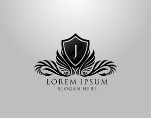 Obraz premium J Letter Logo. Classic Inital J Royal Shield design for Royalty, Letter Stamp, Boutique, Lable, Hotel, Heraldic, Jewelry, Photography.