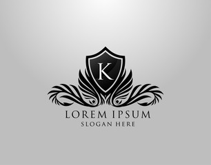 K Letter Logo. Classic Inital K Royal Shield design for Royalty, Letter Stamp, Boutique, Lable, Hotel, Heraldic, Jewelry, Photography.