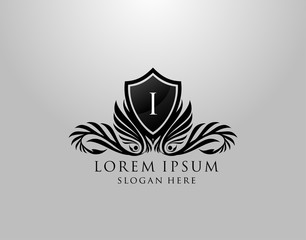 I Letter Logo. Classic Inital I Royal Shield design for Royalty, Letter Stamp, Boutique, Lable, Hotel, Heraldic, Jewelry, Photography.