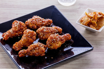 Fried chicken with kimchi