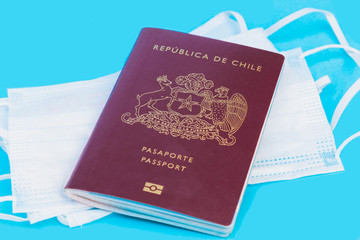 Sanitizer gel or antibacterial soap a thermomether and face mask for coronavirus preventive measure and a passport, top view