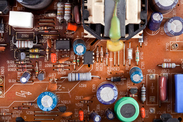 Electronic components on a obsolete printed-circuit board. Top view.