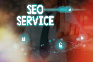 Word writing text Seo Service. Business photo showcasing techniques and procedures to increase the...