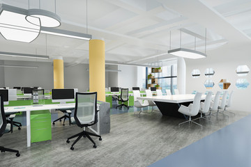 3d rendering business meeting and working room on office building with green and yellow decor