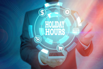 Word writing text Holiday Hours. Business photo showcasing employee receives twice their normal pay...