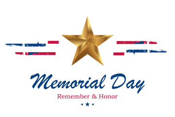 Banner Memorial Day. Vector illustration with lettering Remember and Honor and USA flag on white background.