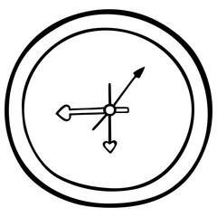 Mechanical wall clock without numbers. Panel and arrows. Vector illustration. Contour on an isolated white background. Doodle style. Sketch. Hours, minutes, seconds. Time. Room design element.