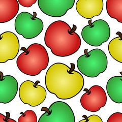 An Apple. Fresh, juicy fruit in three colors: red, green and yellow. Seamless vector pattern on isolated colorless background. Cartoon style. The idea of ​​illustrations for a cover, wrapping paper.