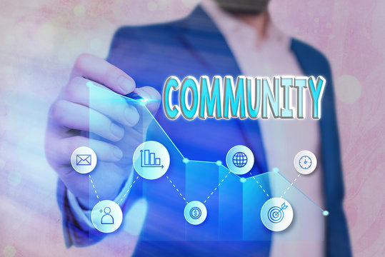 Writing note showing Community. Business concept for specific population with a common characteristics living together