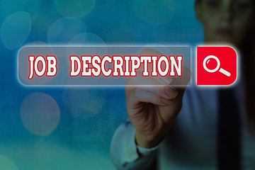Writing note showing Job Description. Business concept for a formal account of an employee s is...
