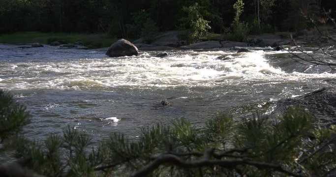 4K Kotka Langinkoski Imperial Fishing Lodge summer day high quality video, green woods, river and bridges in Finland, northern Europe