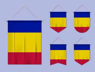 Set of hanging flags Andorra with textile texture. Diversity shapes of the national flag country. Vertical template pennant for banner, web, logo, award and festival