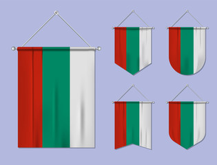 Set of hanging flags Bulgaria with textile texture. Diversity shapes of the national flag country. Vertical template pennant for banner, web, logo, award and festival