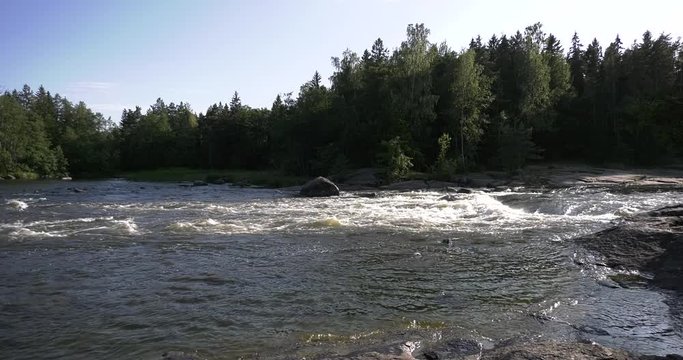 4K Kotka Langinkoski Imperial Fishing Lodge summer day high quality video, green woods, river and bridges in Finland, northern Europe