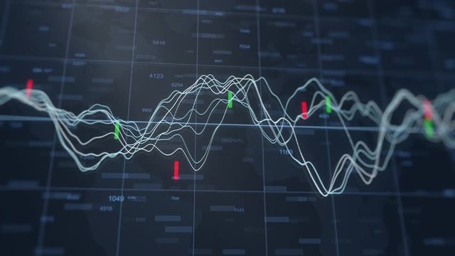 Dynamic graph animation with value markers showing decrease and increase of global economic. Global statistics of business data progress. Trading counters. World map on the background. 4K footage
