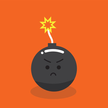 Cute cartoon of angry aggressive bomb with fire ignite ready to bomb on orange background.