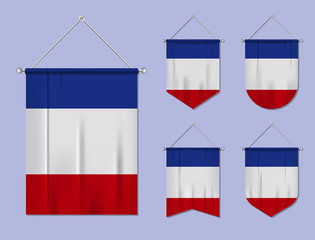 Set of hanging flags France with textile texture. Diversity shapes of the national flag country. Vertical template pennant for banner, web, logo, award and festival