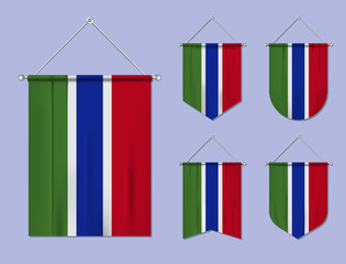 Set of hanging flags Gambia with textile texture. Diversity shapes of the national flag country. Vertical template pennant for banner, web, logo, award and festival