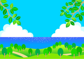 Obraz premium 爽やかな海辺と木々のイラスト