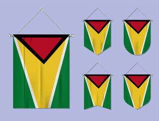 Set of hanging flags Guyana with textile texture. Diversity shapes of the national flag country. Vertical template pennant for banner, web, logo, award and festival
