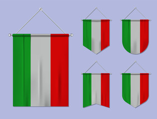 Set of hanging flags Hungary with textile texture. Diversity shapes of the national flag country. Vertical template pennant for banner, web, logo, award and festival