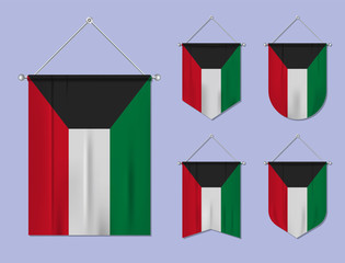 Set of hanging flags Kuwait with textile texture. Diversity shapes of the national flag country. Vertical template pennant for banner, web, logo, award and festival