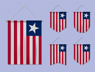 Set of hanging flags Liberia with textile texture. Diversity shapes of the national flag country. Vertical template pennant for banner, web, logo, award and festival