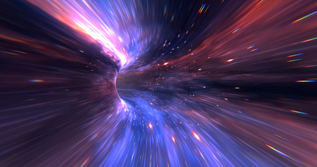 Abstract energy tunnel in space. Wormhole travel through time and space. Wormhole space deformation, science fiction. Black hole, vortex hyperspace tunnel. 3D rendering - obrazy, fototapety, plakaty