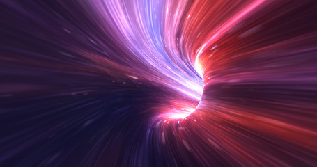 Abstract energy tunnel in space. Wormhole travel through time and space. Wormhole space deformation, science fiction. Black hole, vortex hyperspace tunnel. 3D rendering © Quardia Inc.