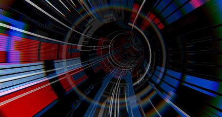 Abstract neon lights Sci-Fi futuristic Hi Tech virtual reality tunnel. Futuristic motion graphic. Ultra violet neon light glow. 3D rendering