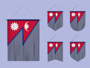 Set of hanging flags Nepal with textile texture. Diversity shapes of the national flag country. Vertical template pennant for banner, web, logo, award and festival