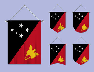Set of hanging flags Papua New Guinea with textile texture. Diversity shapes of the national flag country. Vertical template pennant for banner, web, logo, award and festival