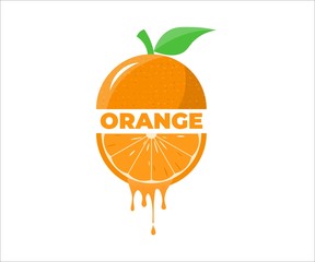 Orange text between sliced orange and juicy orange abstract logo, icon, label, symbol Concept. Vector Design Illustration