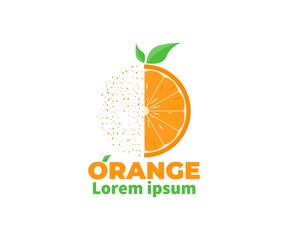 Half Dusted particles Orange Fruit abstract logo, icon, label, symbol Concept. Vector Design Illustration