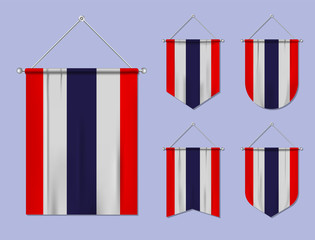 Set of hanging flags Thailand with textile texture. Diversity shapes of the national flag country. Vertical template pennant for banner, web, logo, award and festival