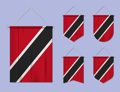 Set Of Hanging Flags Trinidad And Tobago With Textile Texture. Diversity Shapes Of The National Flag Country. Vertical Template Pennant For Banner, Web, Logo, Award And Festival