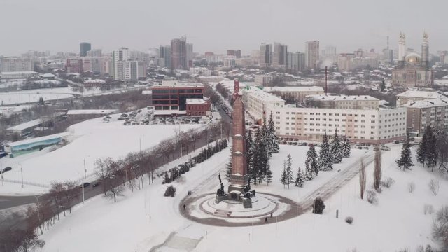 Ufa, Bashkortostan / Russia - February 2020: The Russian-Bashkir Friendship monument in Ufa, at winter, cloudy day - Aerial drone view