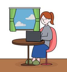 在宅勤務（テレワーク）をする女性のベクターイラスト