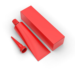 Blank industrial adhesive silicone sealant glue sump tube with paper box packaging for branding and mock up design. 3d render illustration.
